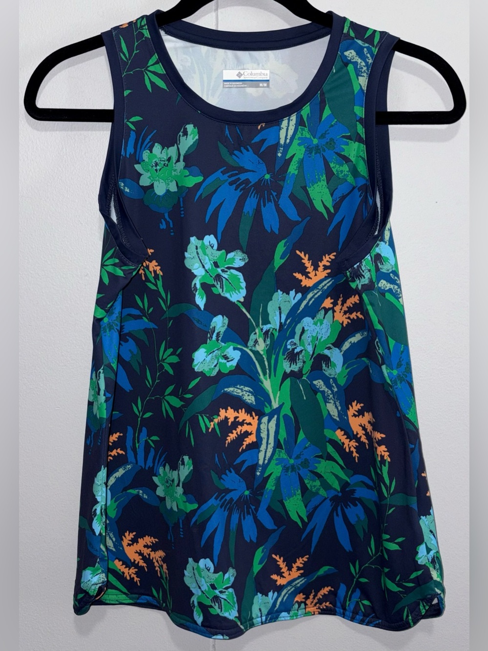 Columbia Floral Tank Top Women’s Medium Navy Blue Green Sleeveless Stretch